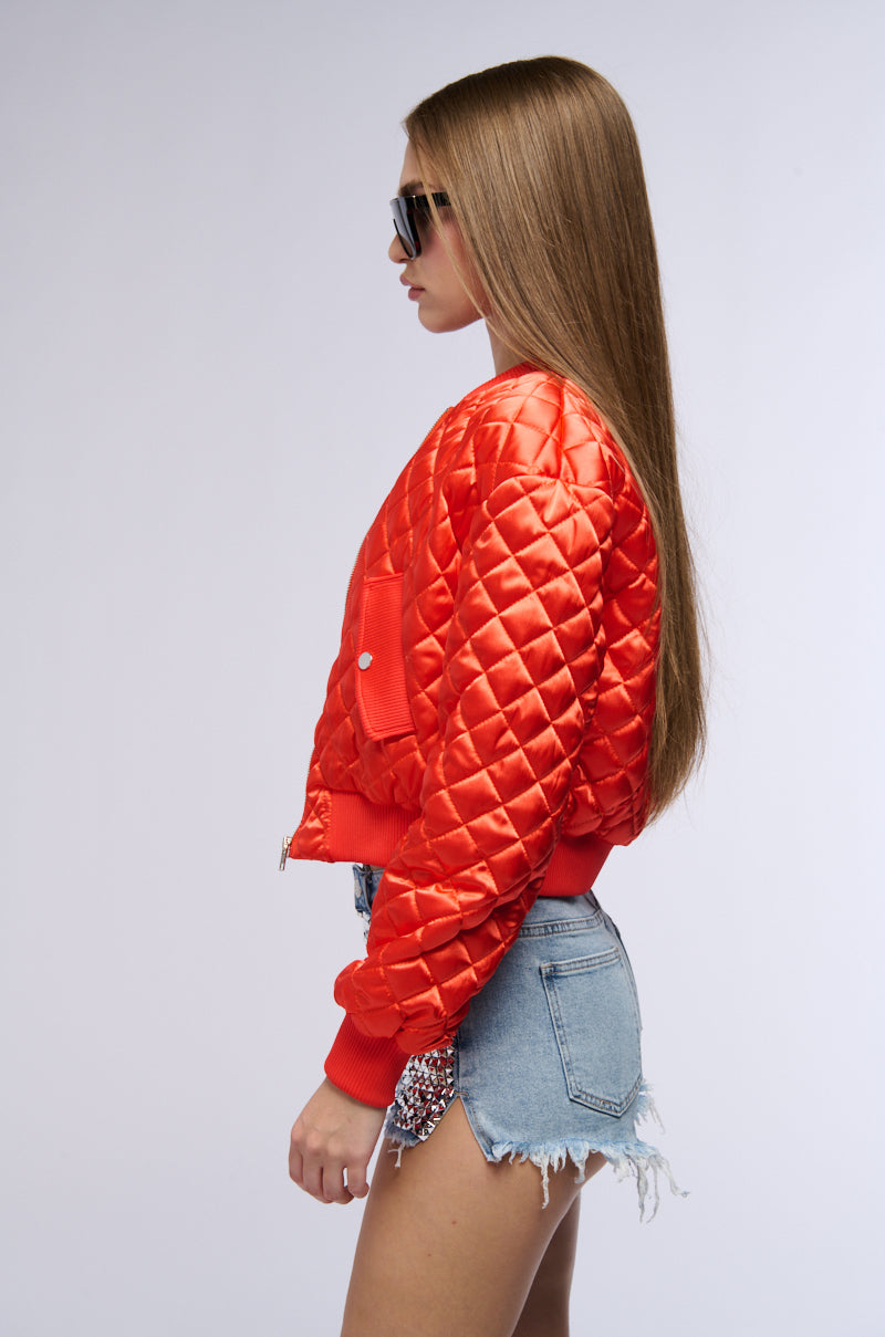 Full View Never Better Quilted Satin Bomber In Red