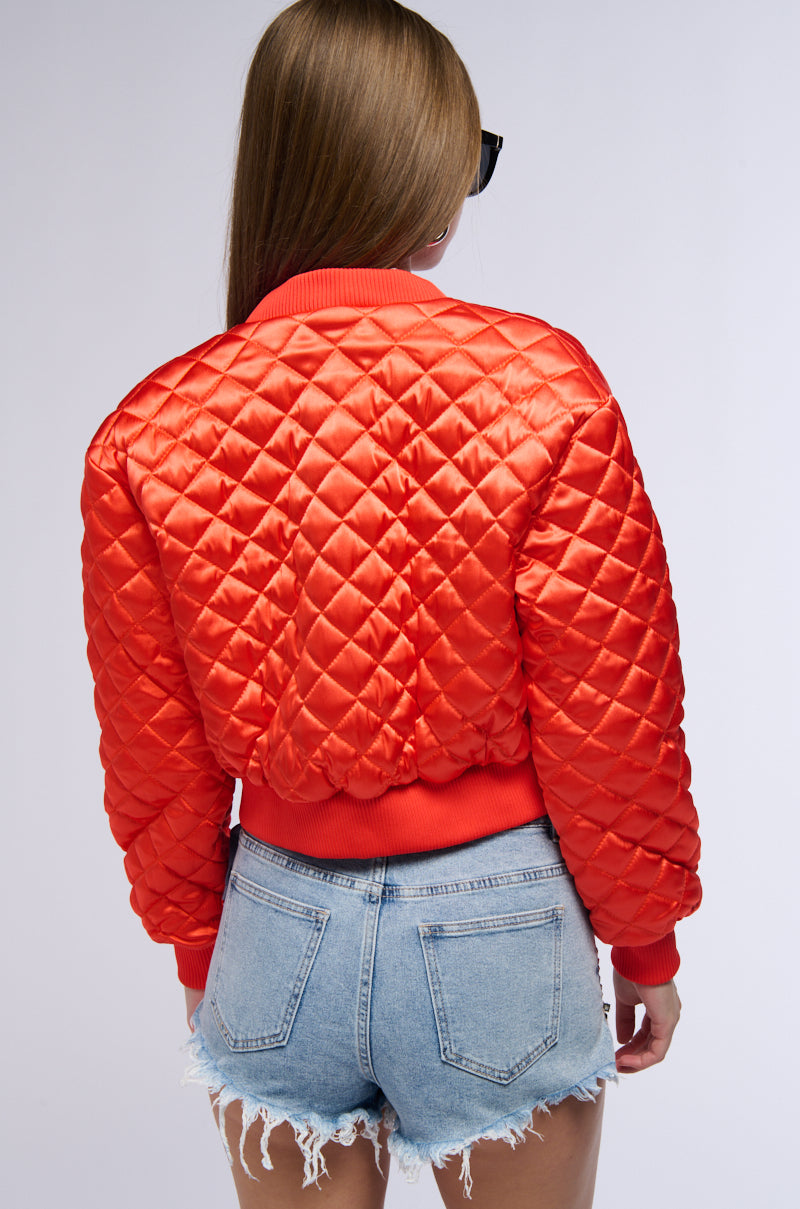 Extra View Never Better Quilted Satin Bomber In Red