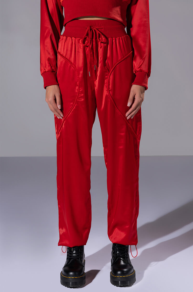 Front View Never Boring Satin Drawstring Jogger