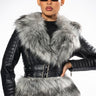 Front View Never Cared Waist Lined Faux Fur Moto Jacket