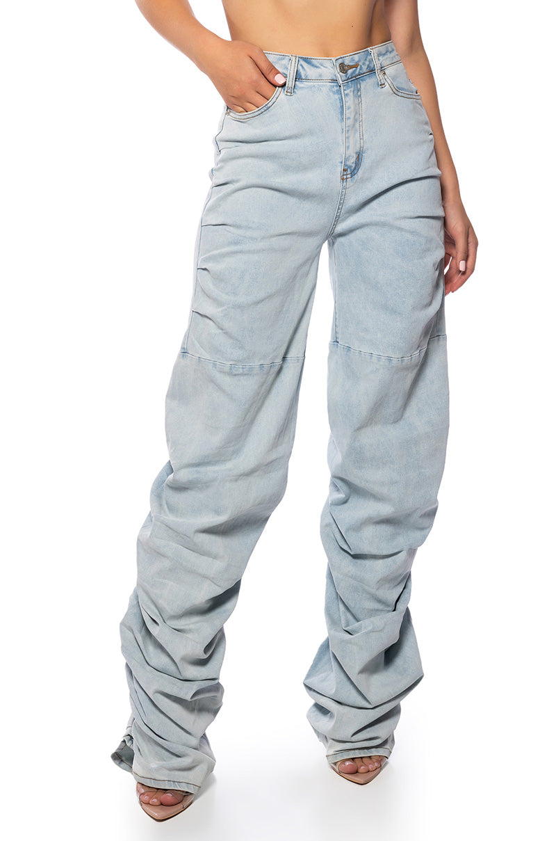 NEVER CHANGE RUCHED RELAXED FIT JEANS IN LIGHT BLUE DENIM view 0