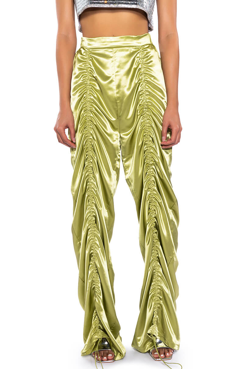 NEVER REGULAR CINCHED SATIN HIGH RISE PANTS view 0