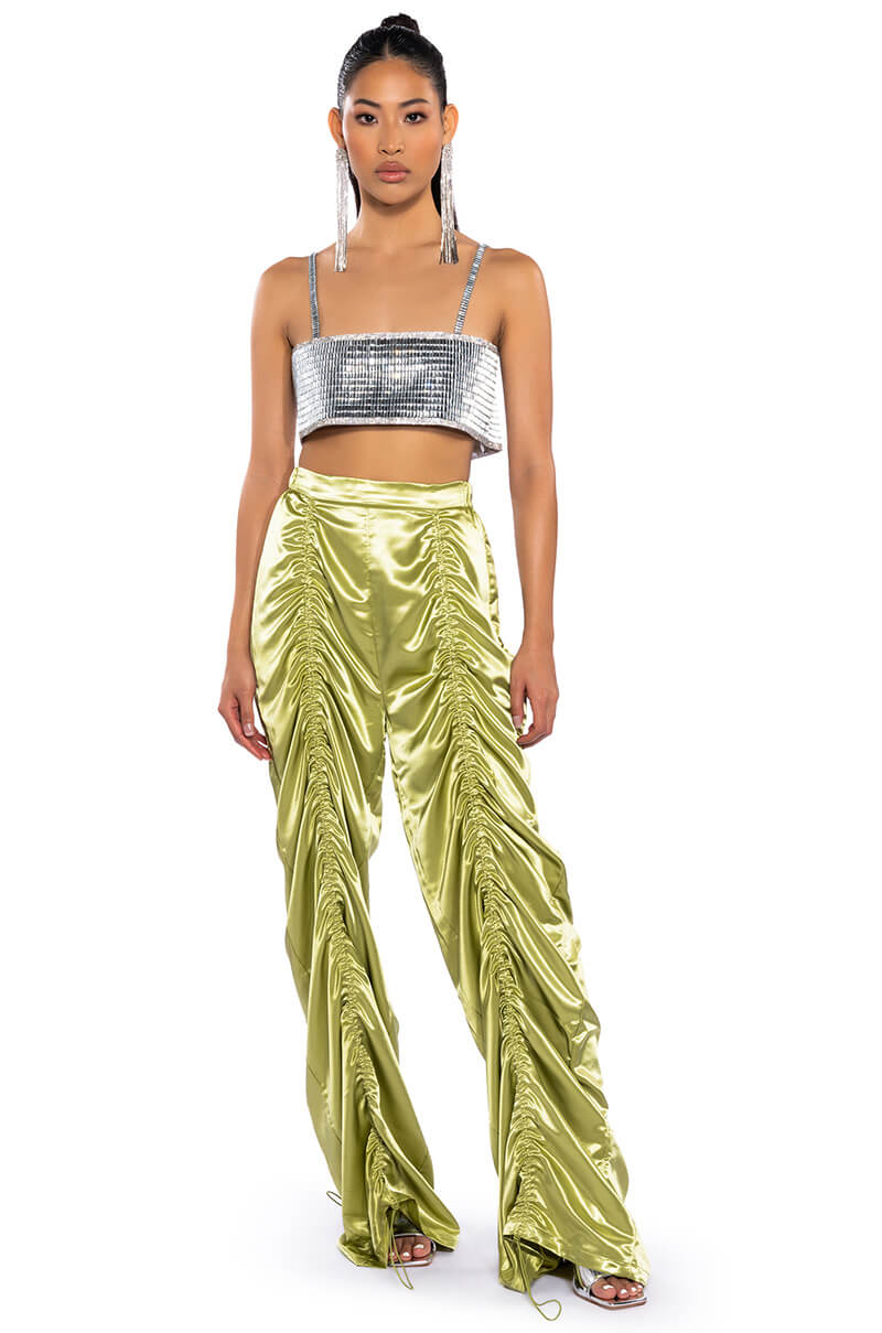 Back View Never Regular Cinched Satin High Rise Pants