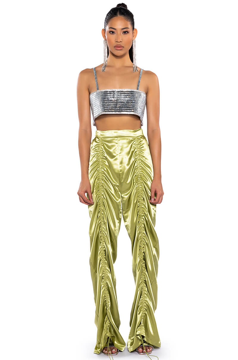 Detail View Never Regular Cinched Satin High Rise Pants