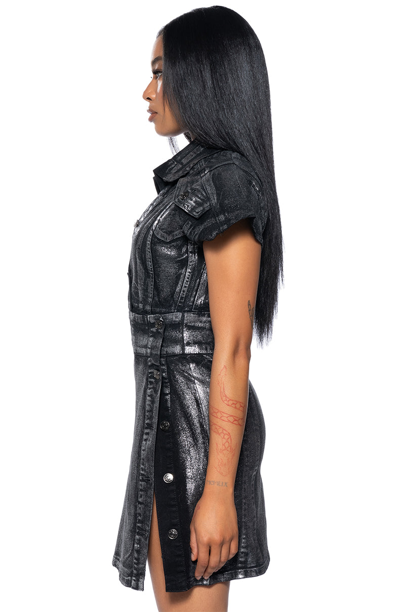 never too much denim mini dress NEVER TOO MUCH DENIM METALLIC MINI DRESS AKIRA