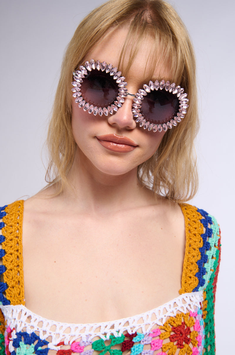 Side View Never Too Much Rhinestone Sunglasses In Light Pink