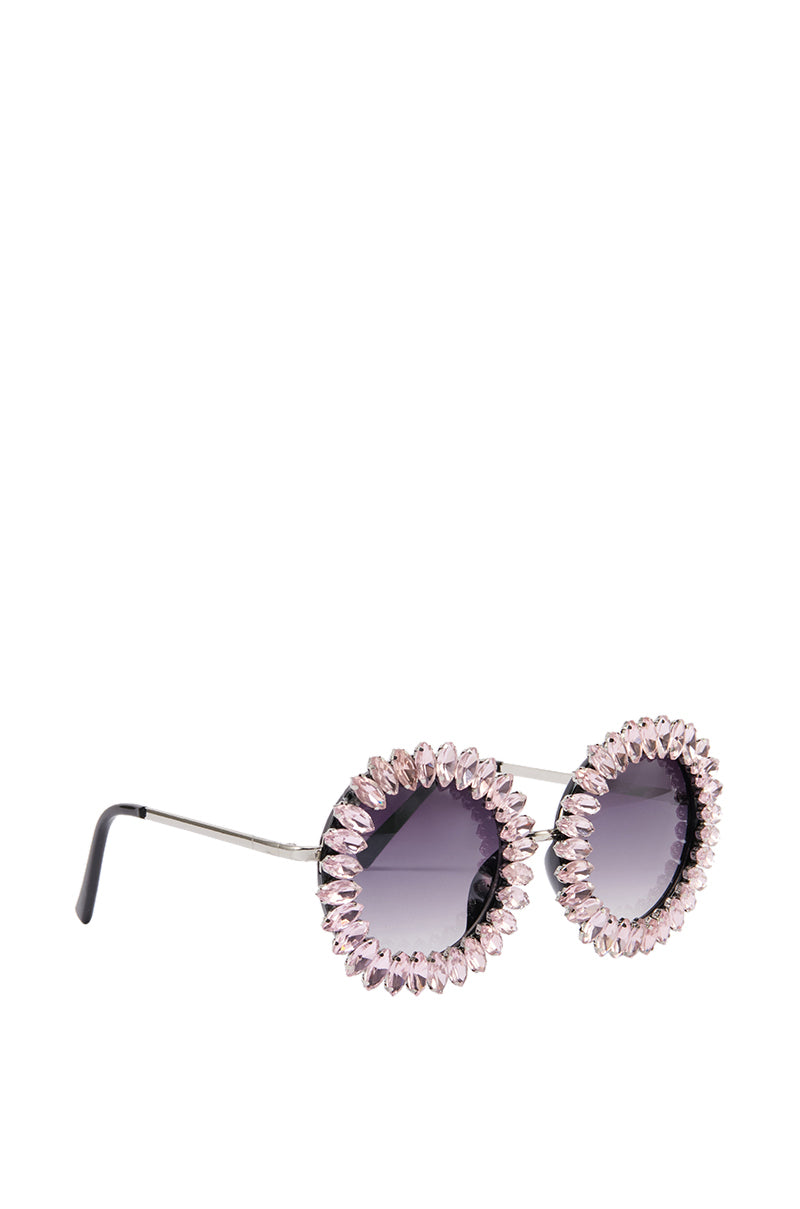 Back View Never Too Much Rhinestone Sunglasses In Light Pink