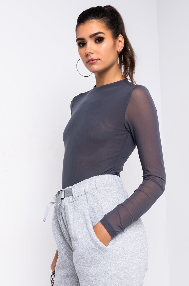 Side View New Body Long Sleeve Mesh Bodysuit in Grey