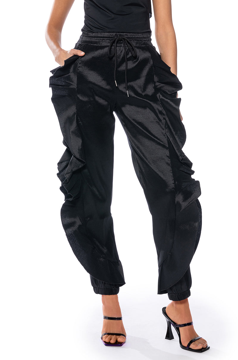 Front View New Romantic Ruffle Detailed Jogger In Black