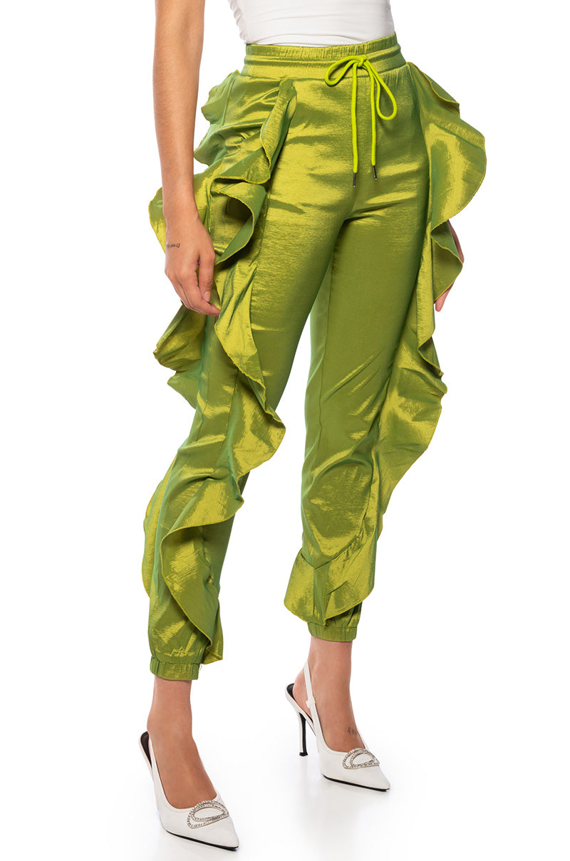 Front View New Romantic Ruffle Detailed Jogger In Lime