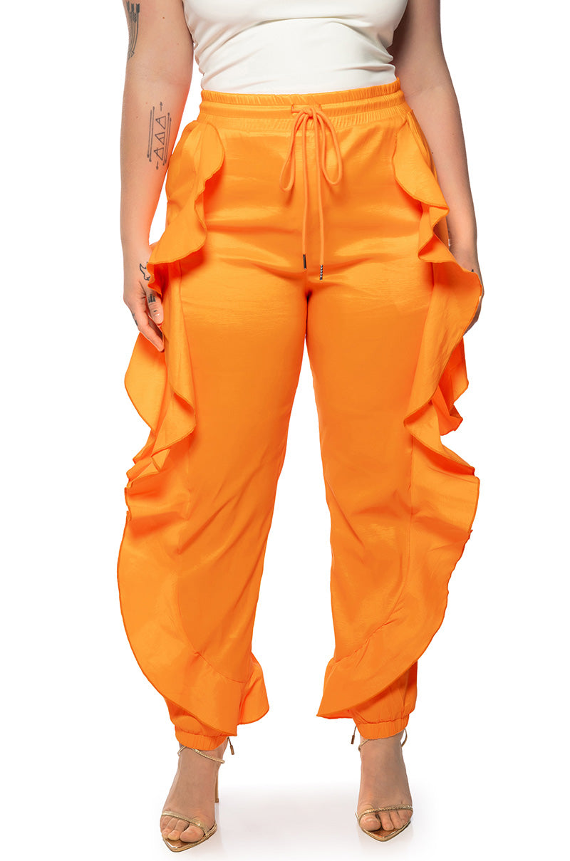 Front View New Romantic Ruffle Detailed Jogger In Orange