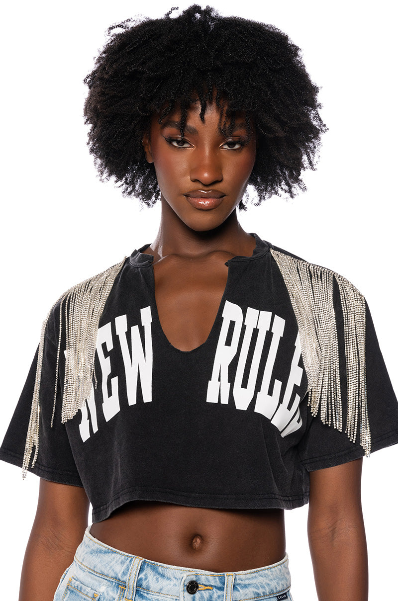 Front View New Rules Rhinestone Detail Tshirt