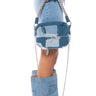 Front View New Shapes Patchwork Denim Purse With Rhinestone Strap