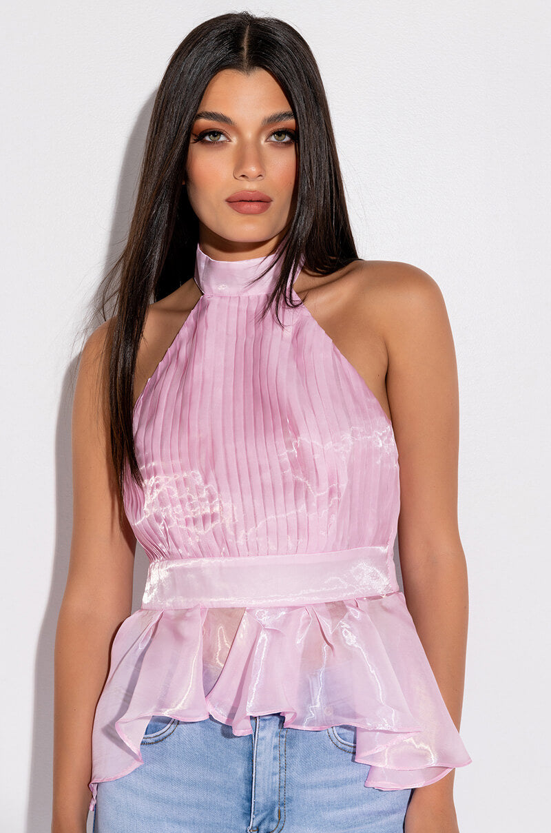 Front View Next Door Sleeveless Peplum Organza Blouse