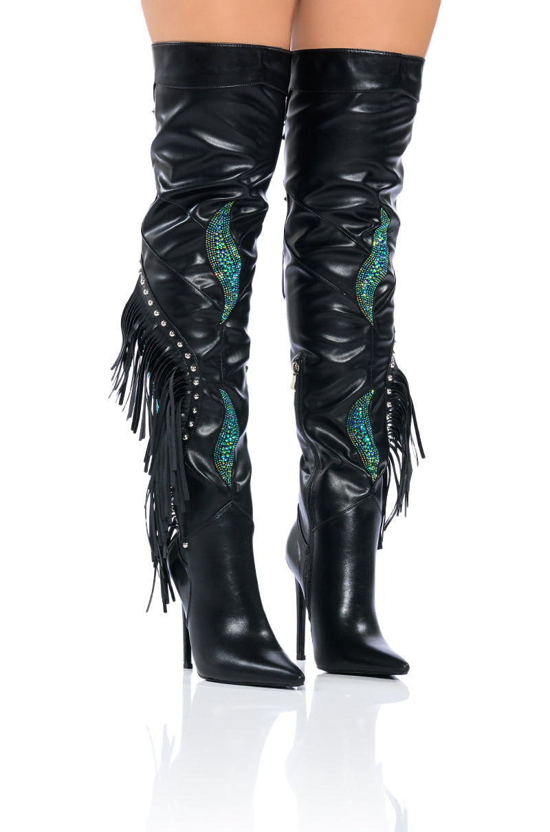 Front View Next Up Rhinestone Over The Knee Stiletto Boot With Fringe In Black