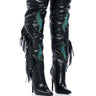 Front View Next Up Rhinestone Over The Knee Stiletto Boot With Fringe In Black