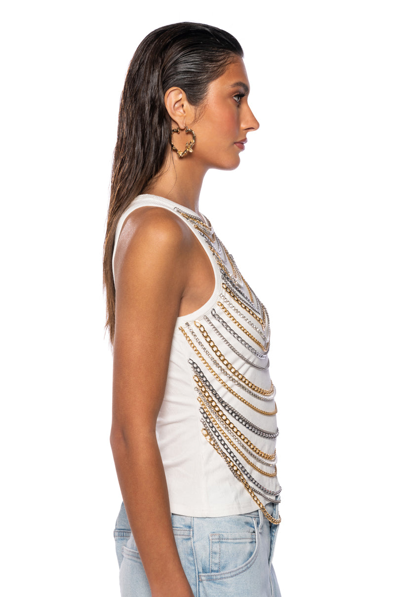 Detail View Nia Chain Embellished Ribbed Tank In White