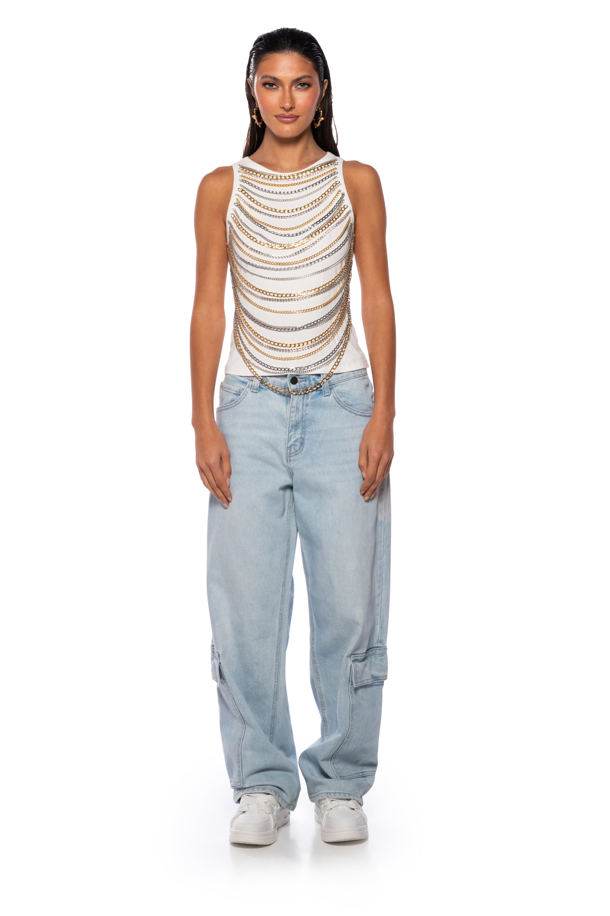 Extra View Nia Chain Embellished Ribbed Tank In White