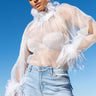 Front View Nice To Meet You Feather Trim Long Sleeve Organza Blouse