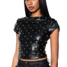 Front View Nico Faux Leather Spike Detailed Short Sleeve Top