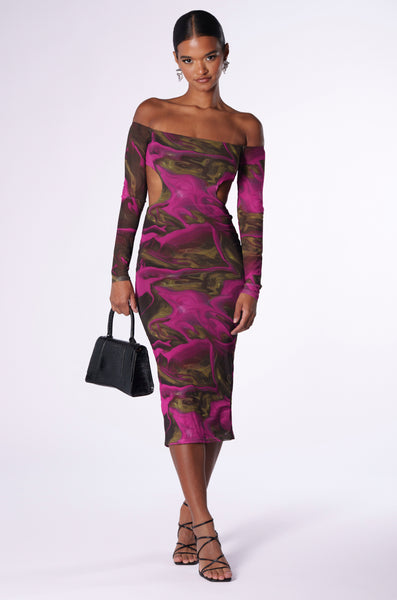 NIGHT MOVES OFF SHOULDER MIDI DRESS – AKIRA