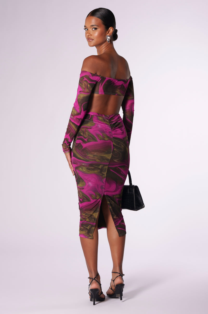 Detail View Night Moves Off Shoulder Midi Dress