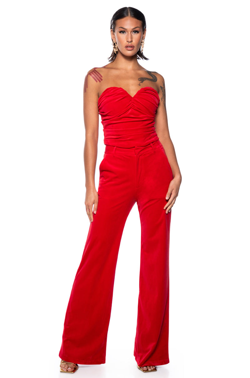 Back View Night Moves Velvet Wide Leg Trouser In Red