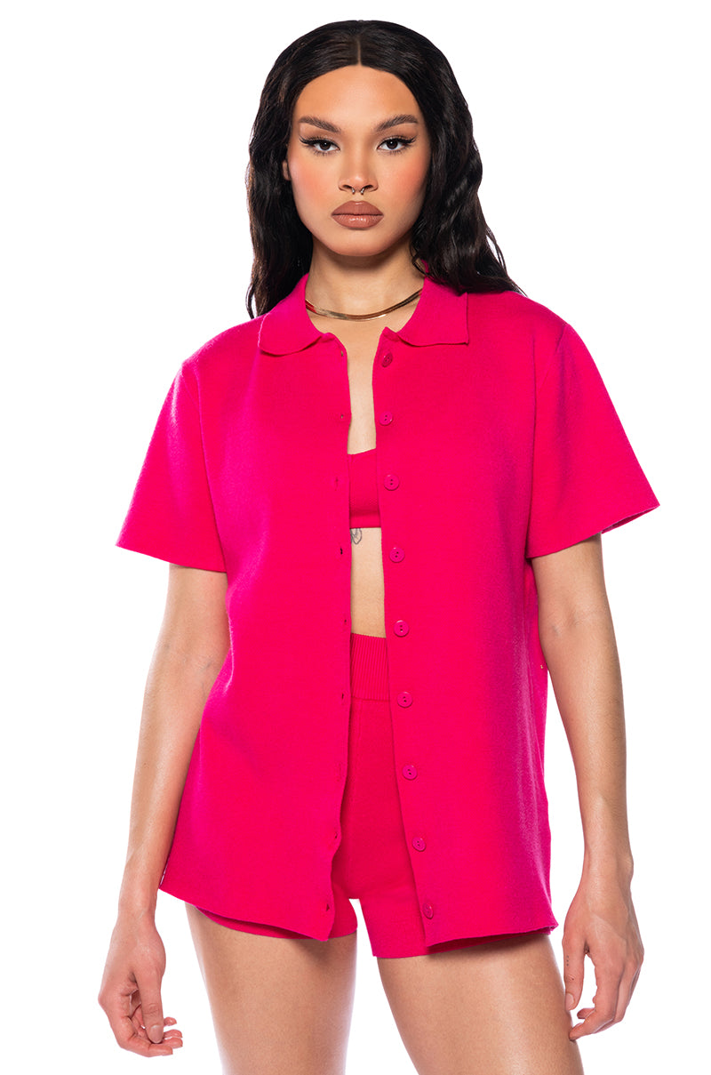 Front View Nights Alone Cozy Knit Button Down Shirt