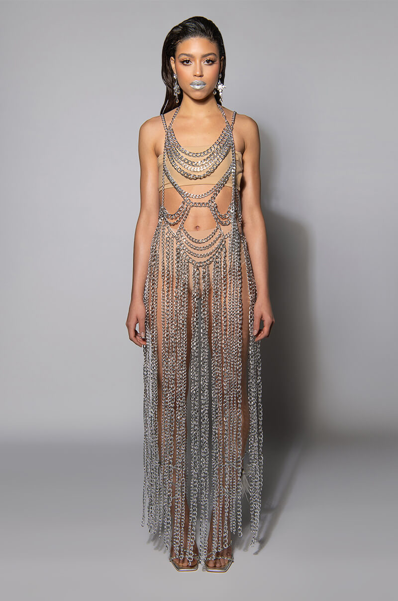 silver chain dress Long Sleeve Maxi Wipe with napkins if it gets dirty Can be used under water Do no pull up the dress using big power Weighted Stargirl Metal Dress - Silver