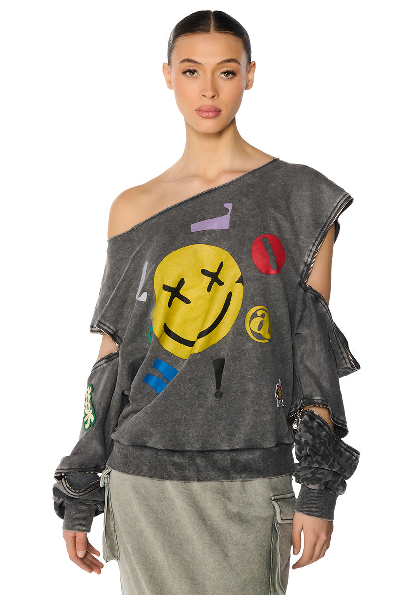 Front View No Bad Vibes Off The Shoulder Mineral Wash Sweatshirt