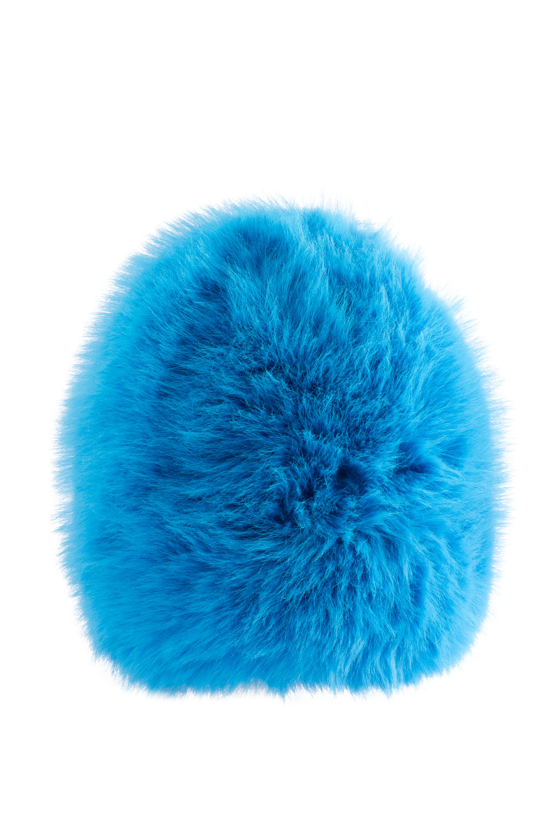 Side View No Budget Foldover Faux Fur Beanie In Blue
