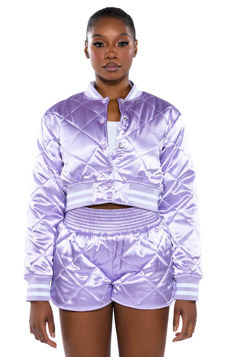 Front View No Cap Cropped Satin Varsity Bomber In Lilac