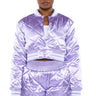 Front View No Cap Cropped Satin Varsity Bomber In Lilac