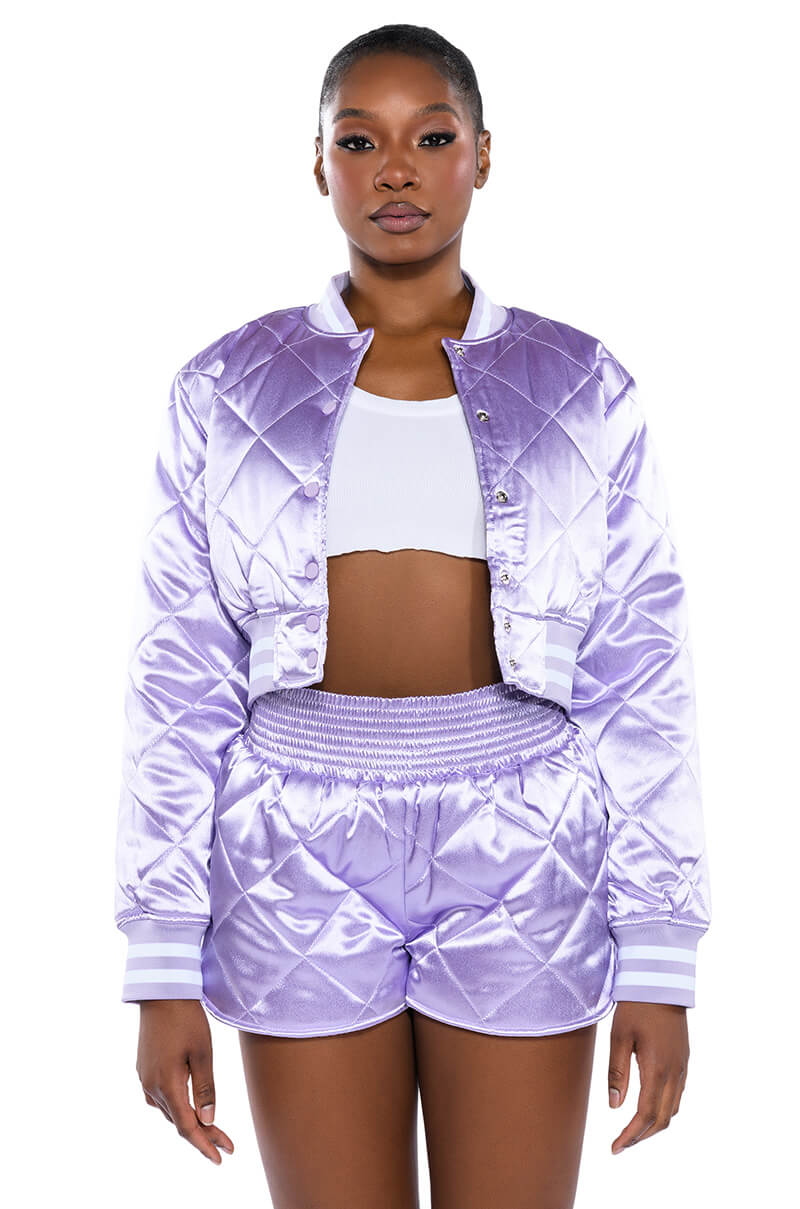 Side View No Cap Cropped Satin Varsity Bomber In Lilac