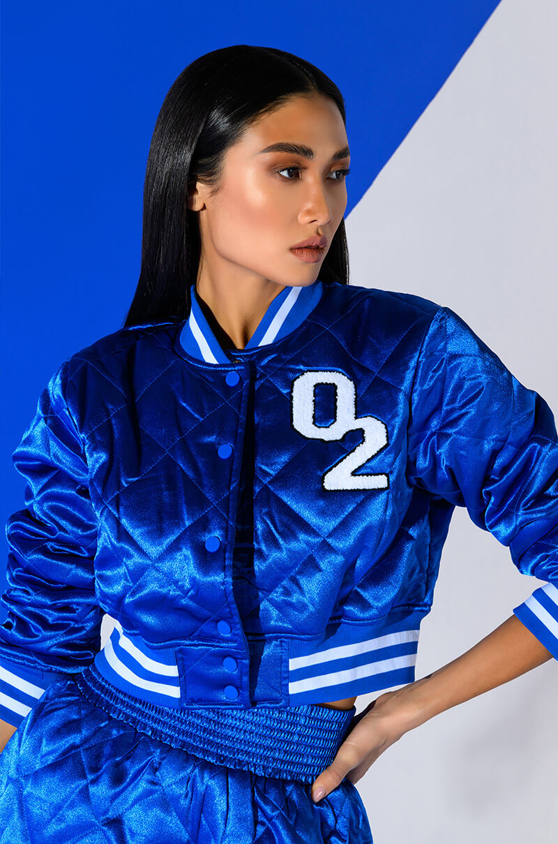 Front View No Cap Cropped Satin Varsity Bomber