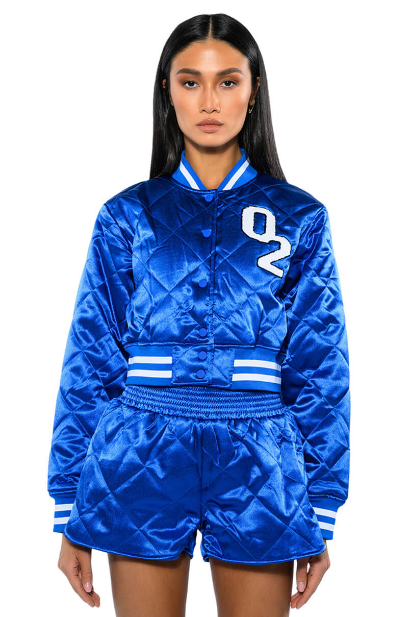 Back View No Cap Cropped Satin Varsity Bomber