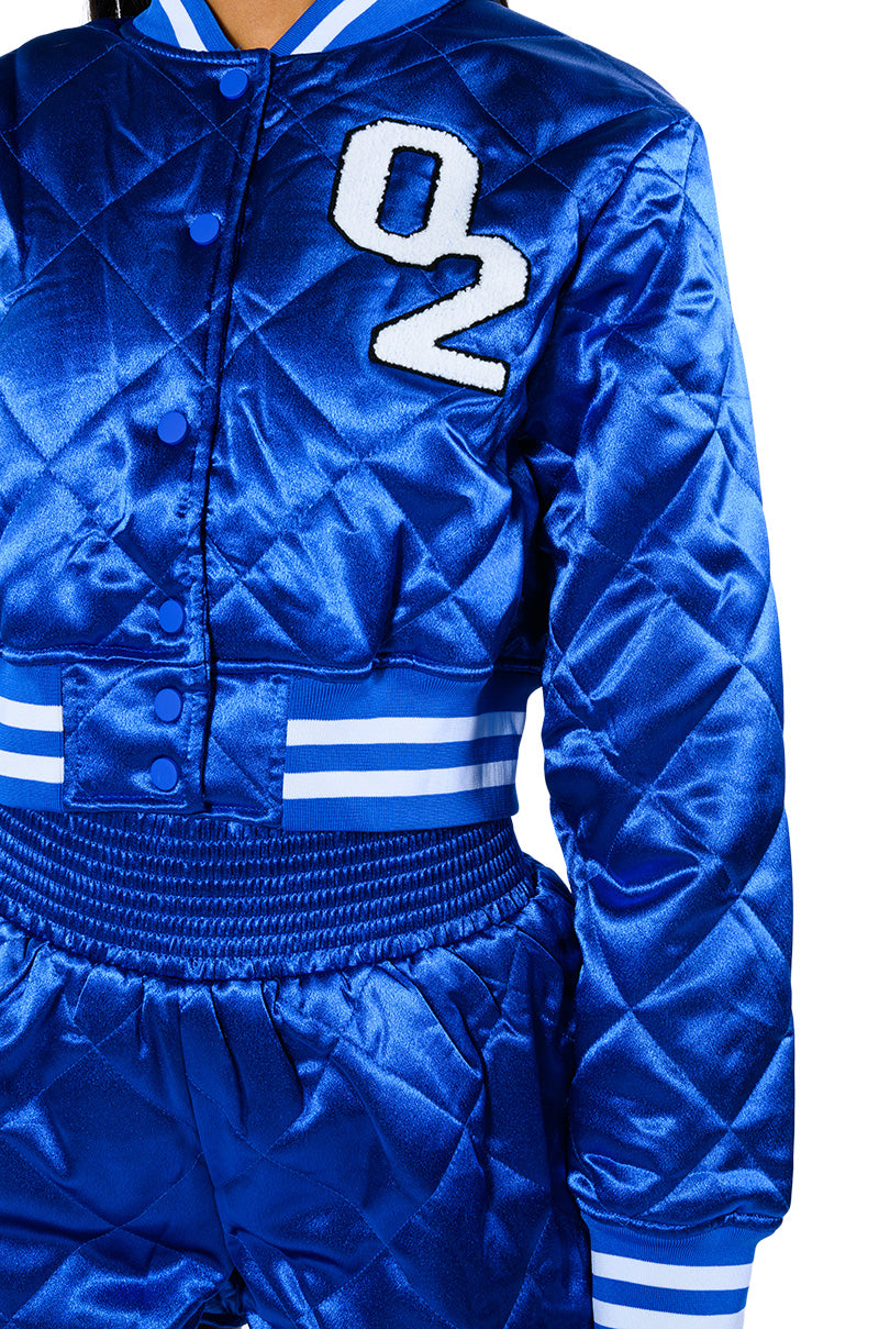Extra View No Cap Cropped Satin Varsity Bomber