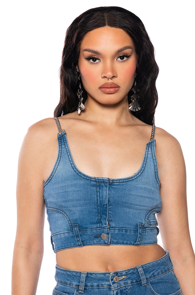 Front View No Effort Denim Crop Top