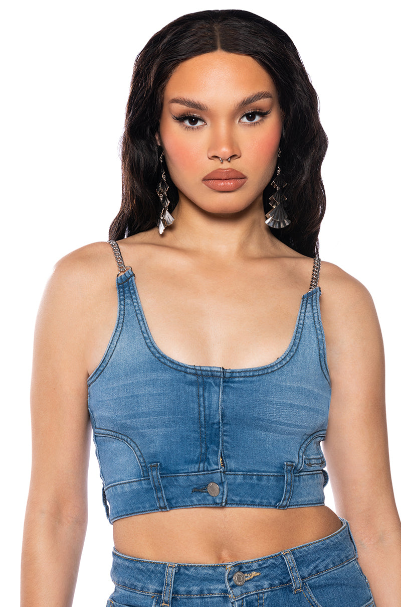 NO EFFORT DENIM CROP TOP view 0
