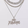 Three silver necklaces from the NO FAVORS RHINESTONE CHAINS NECKLACE SET are displayed. The top necklace has a chunky chain design, the middle one boasts a series of small, closely set stones, and the bottom necklace features a pendant with the phrase "No Favors" in a sparkling, stylized font.