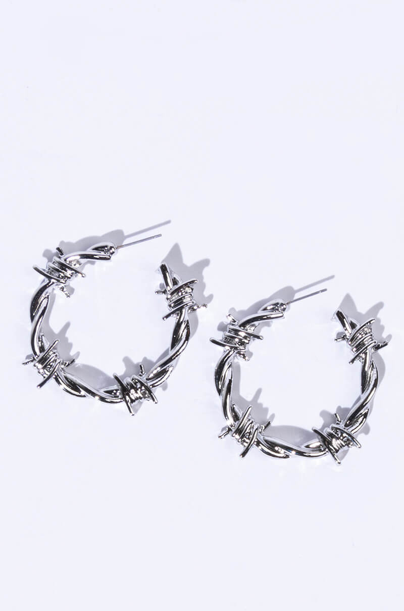 Side View No Feelings Silver Barbed Wire Hoops