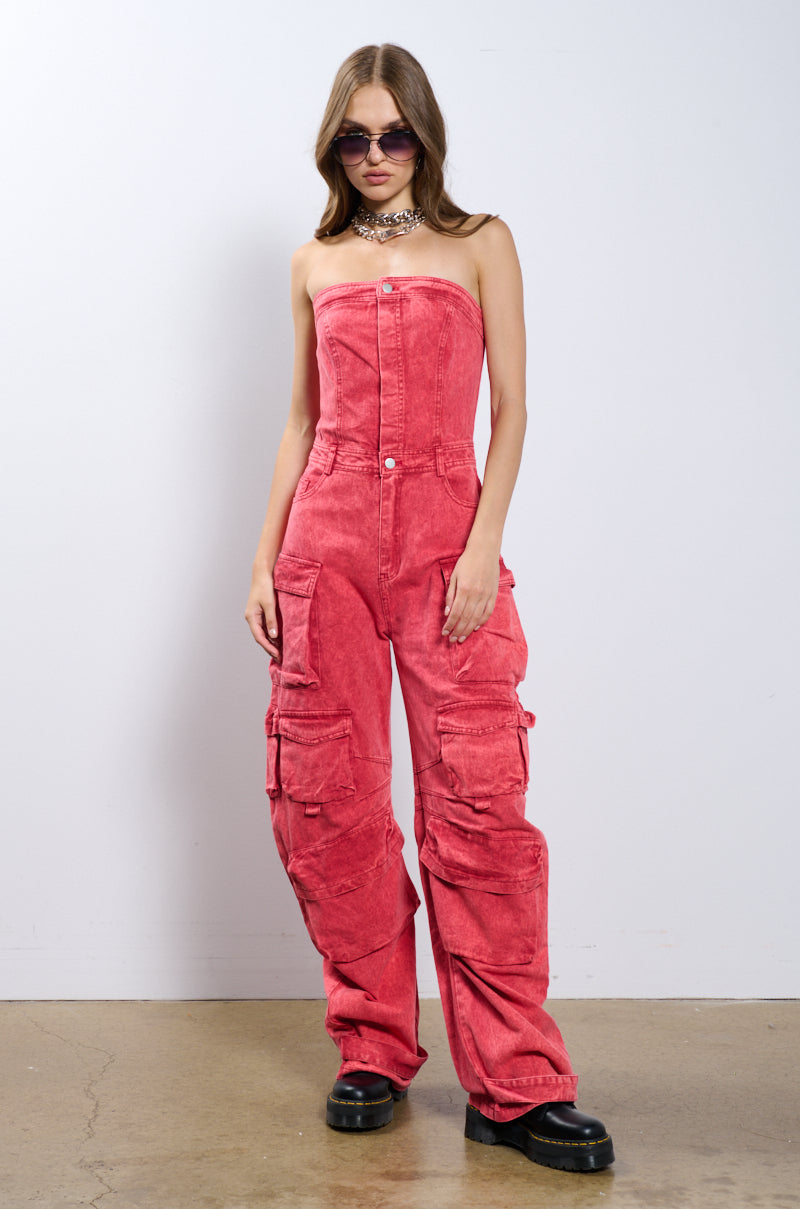 NO ONE LIKE ME CARGO DENIM JUMPSUIT IN RED view 0