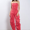 Front View No One Like Me Cargo Denim Jumpsuit In Red