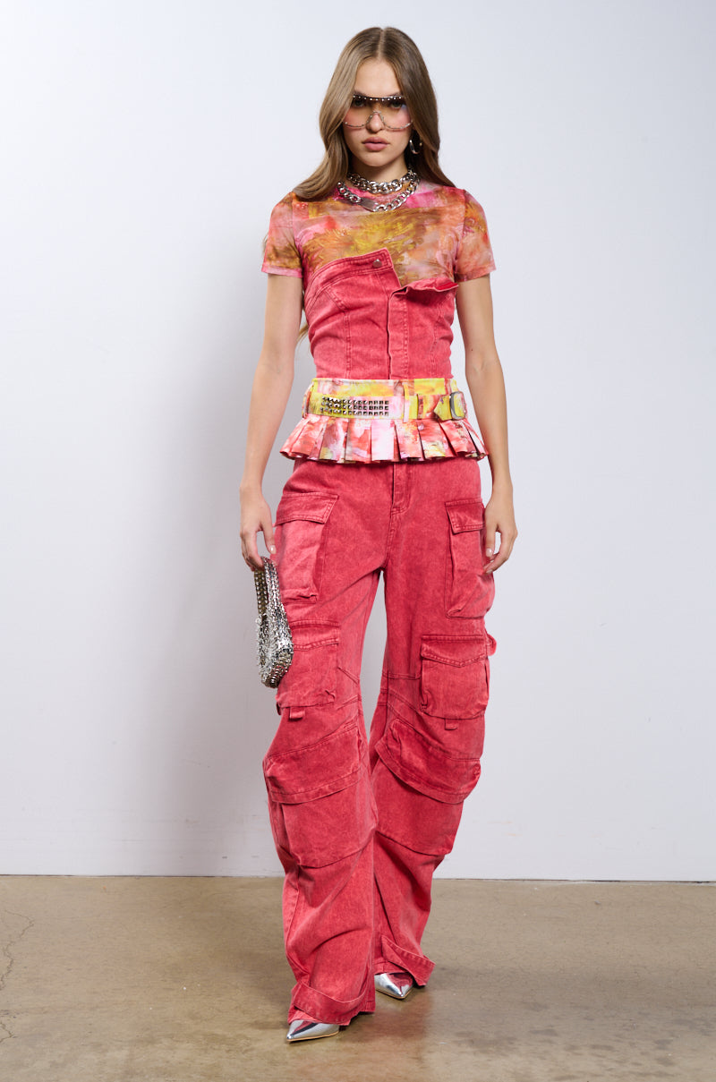 Side View No One Like Me Cargo Denim Jumpsuit In Red