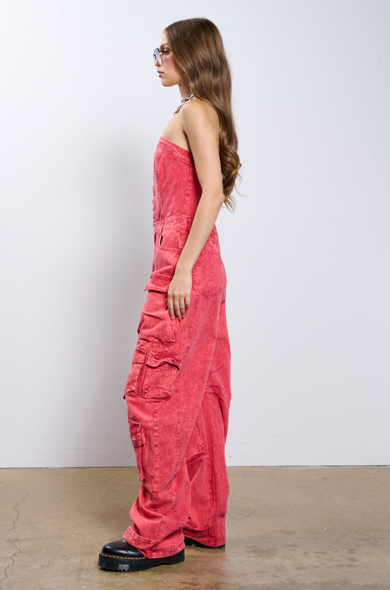 Detail View No One Like Me Cargo Denim Jumpsuit In Red