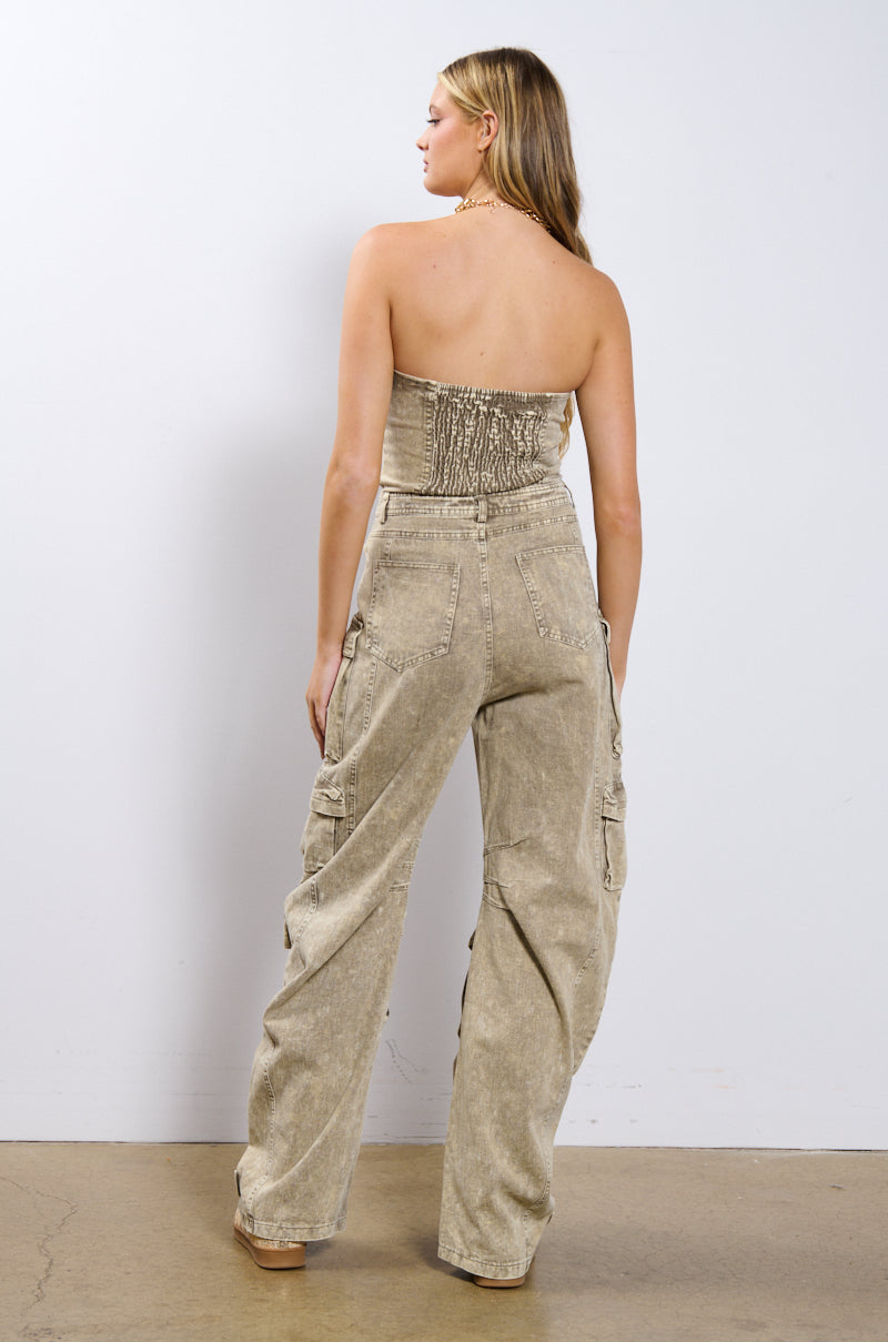 Back View No One Like Me Cargo Denim Jumpsuit