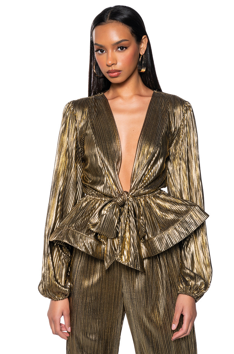 Front View Noel Front Tie Pleated Metallic Blouse