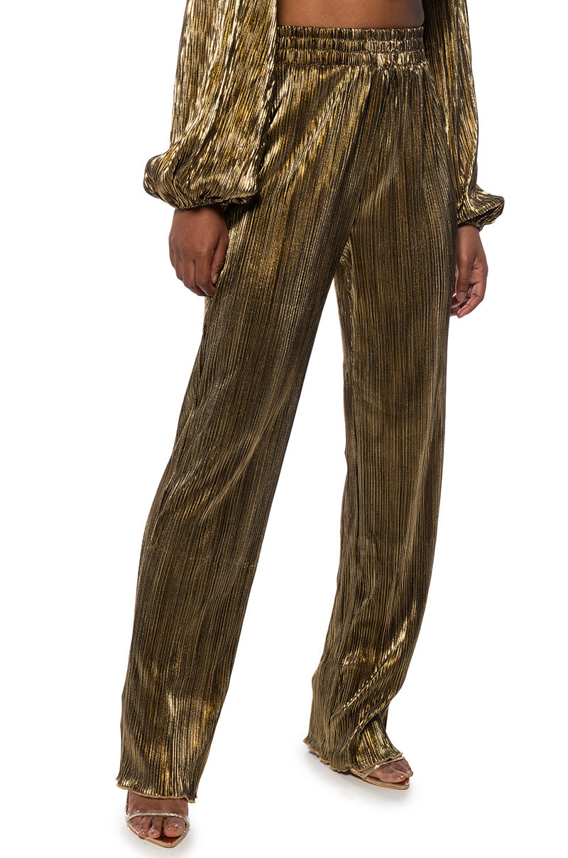 Front View Noel Pleated Metallic Palazzo Pant 6