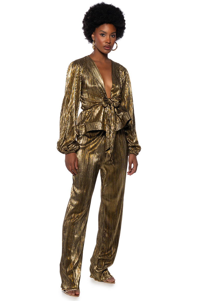 Side View Noel Pleated Metallic Palazzo Pant 7