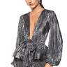 Front View Noel Pleated Tie Front Metallic Peplum Blouse In Silver